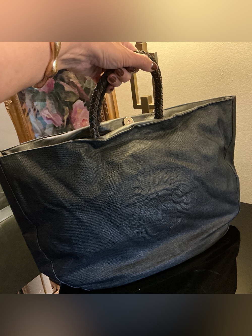 Versace Black Tote with Embossed Medusa Motif and Braided Handles